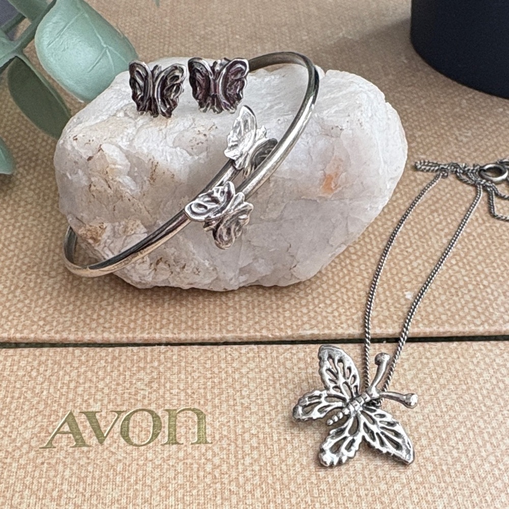 Vintage Avon Sterling Silver Butterfly Necklace Bracelet Earrings Set 925